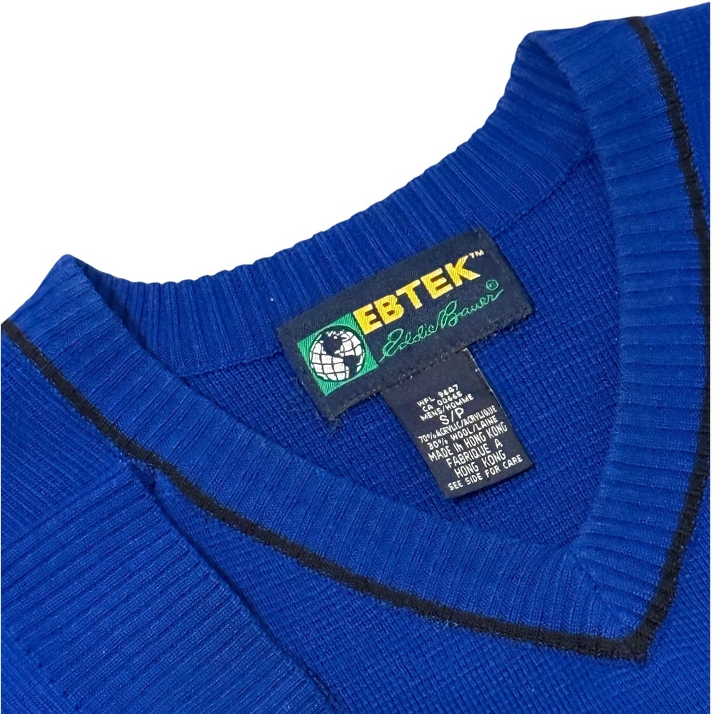 VINTAGE EBTEK Eddie Bauer Mens Sweater‎ Small Blue Black V Neck Striped LS